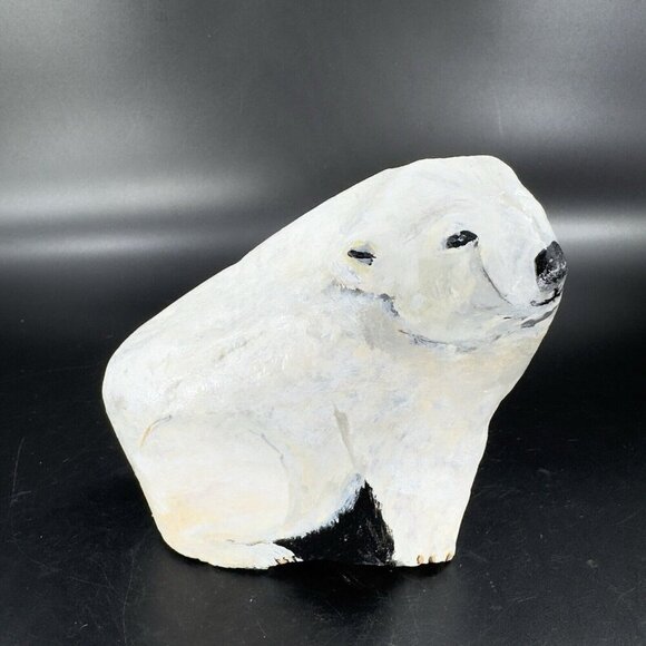 Hand Painted Folk Art Stone Paperweight Figurine Polar Bear Heavy Signed Lejman - Picture 11 of 15